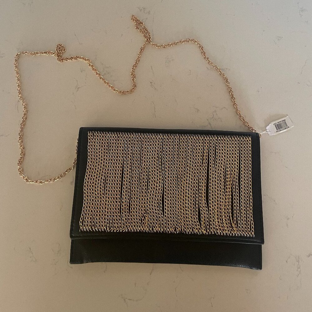 Natasha Couture Gold Chain‎ Link, Black Leather Clutch / Crossbody, Snap Flap